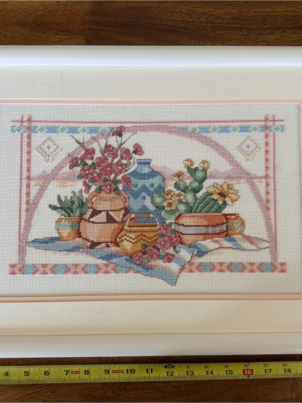 Framed Cross-Stitch Still Life with Vases and Flowers - Multicolor